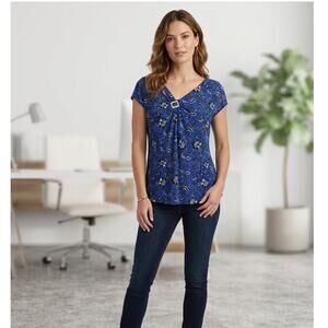 Adrienne Vittadini Blue Black Floral V-Neck Buckle Accent Top NWOT Size XL
